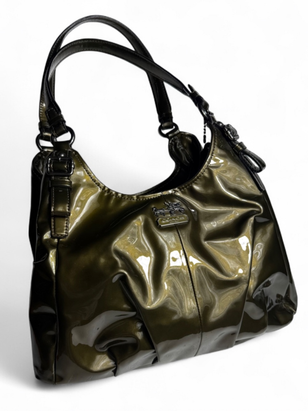 Coach 18760 Madison Maggie Gunmetal Olive Green Patent Leather Hobo Shoulder Bag